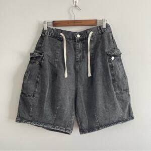 Aelfric Eden | Unisex Black Washed Denim Drawstring Cargo Baggy Shorts Jorts VTG